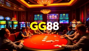 Experience thrilling gameplay at GG88 with vibrant slot machines and an elegant poker table.