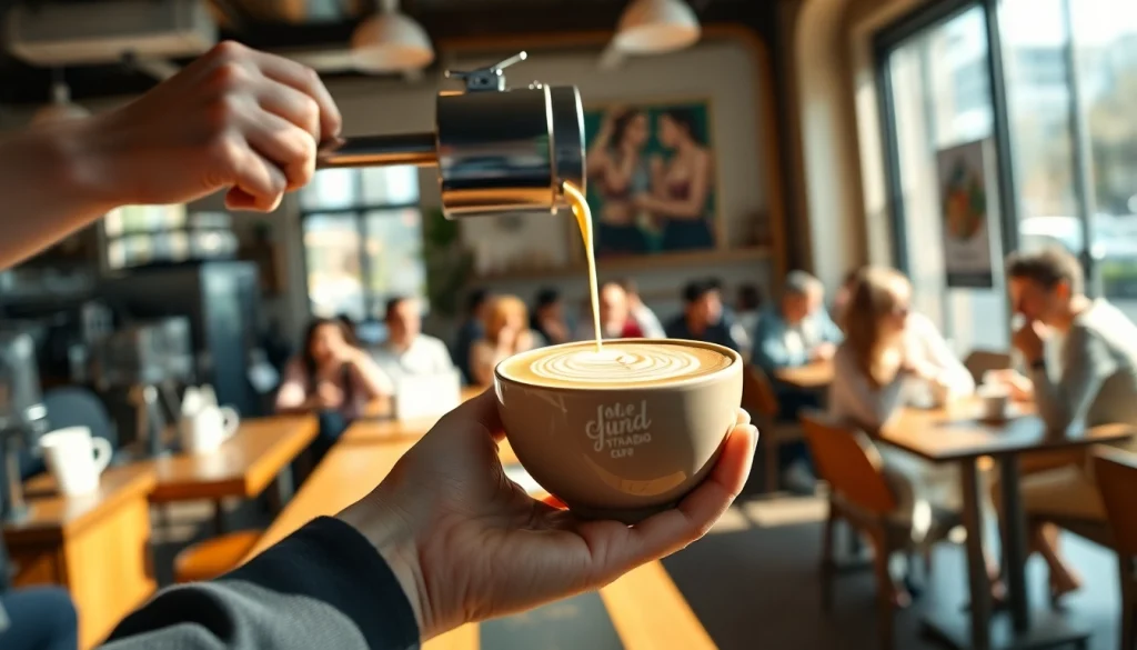 Enjoying a finely crafted beverage at a Coffee shop Madrid with a barista pouring latte art.