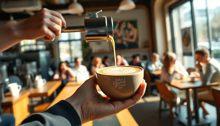 Enjoying a finely crafted beverage at a Coffee shop Madrid with a barista pouring latte art.