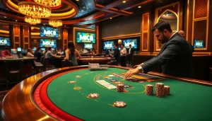 Experience the excitement of MK 8 gaming with a glamorous casino scene featuring roulette and blackjack tables.