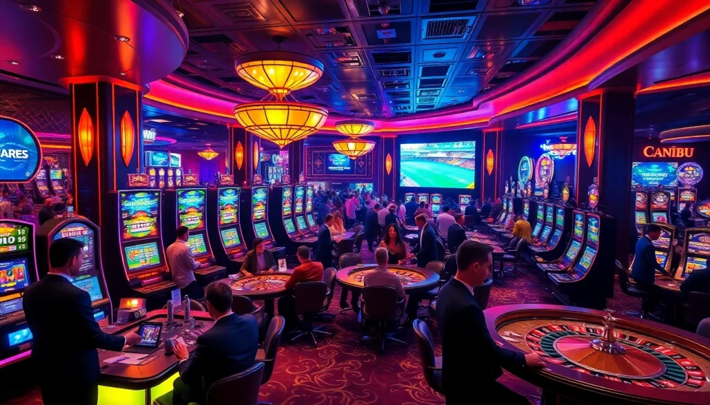 Players enjoying a thrilling gaming experience at a vibrant casino featuring 'no hu' themed slot machines and roulette wheels.