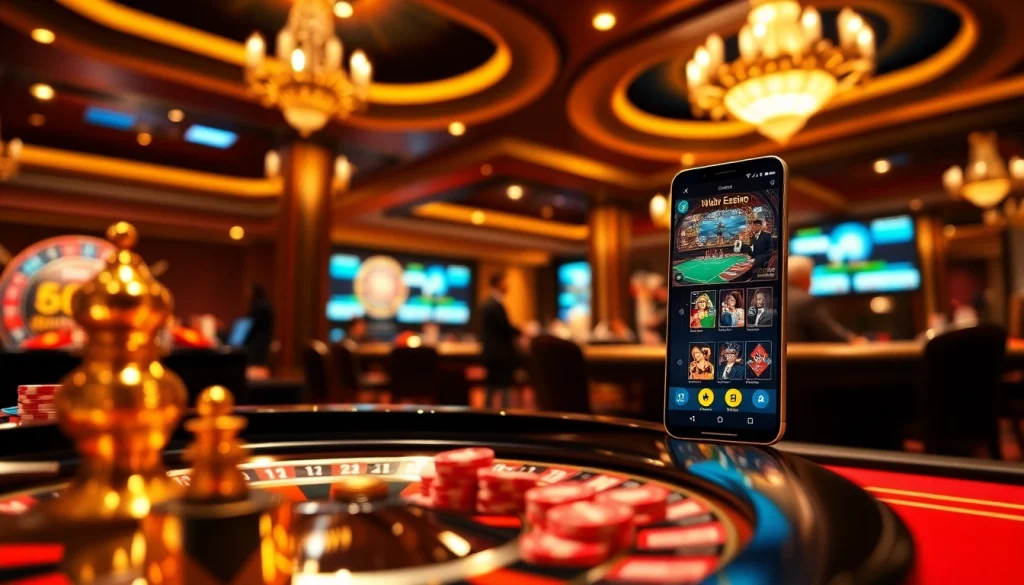 Experience the thrill of gaming with the 68WIN app, featuring a bustling casino scene with poker tables and roulette.