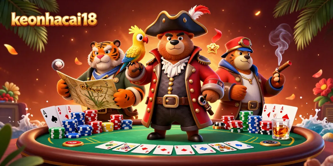 Experience exciting poker action with keonhacai18, featuring a spirited bear and tiger duo amidst vibrant casino elements.